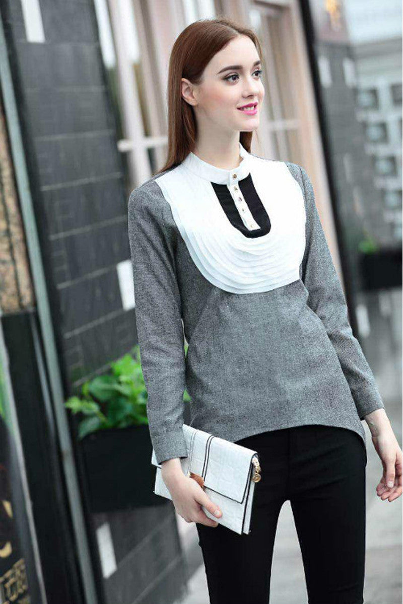 Mock Neck Cotton Blend Color Block Shirts - NJOYDRESS - 2