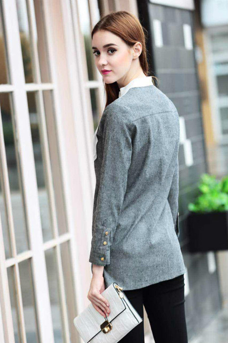 Mock Neck Cotton Blend Color Block Shirts - NJOYDRESS - 3