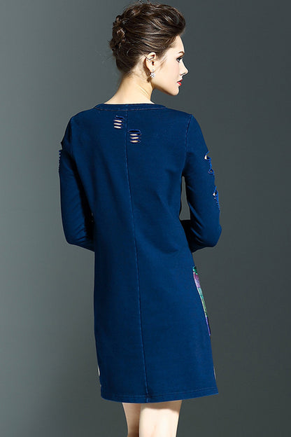 women's round neck print and floral 3/4 sleeve vintage short dress