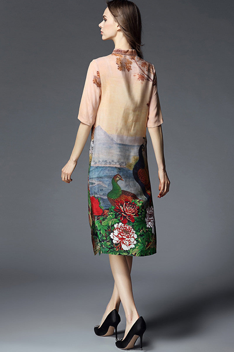 Loose Wash Printed Half Sleeve Cheongsam