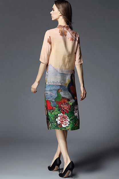 Loose Wash Printed Half Sleeve Cheongsam