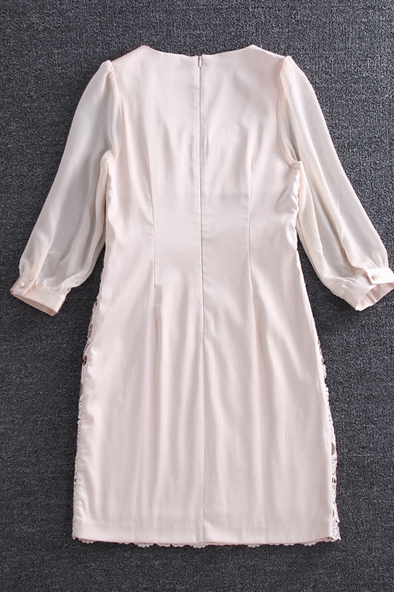 3/4 Sleeve Floral Lace With One Line Multi Beaded Decoration Short Dress