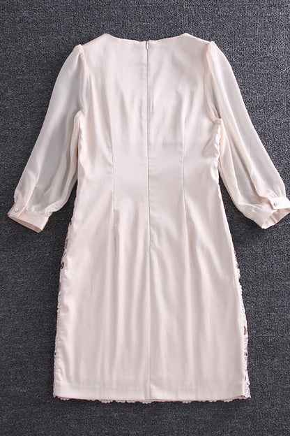 3/4 Sleeve Floral Lace With One Line Multi Beaded Decoration Short Dress