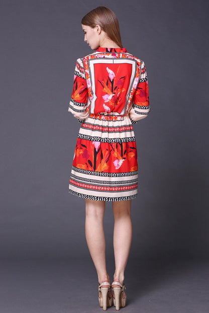 Tribal Pattern Blouse Short Dress With Draw Cord