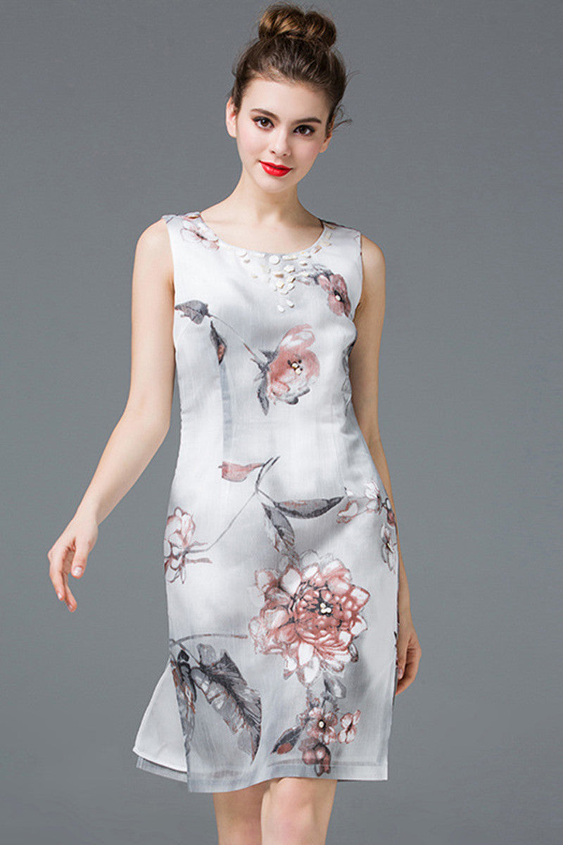 ROUND NECK CASUAL WASH PRINTING SLEEVELESS LOOSE DRESS