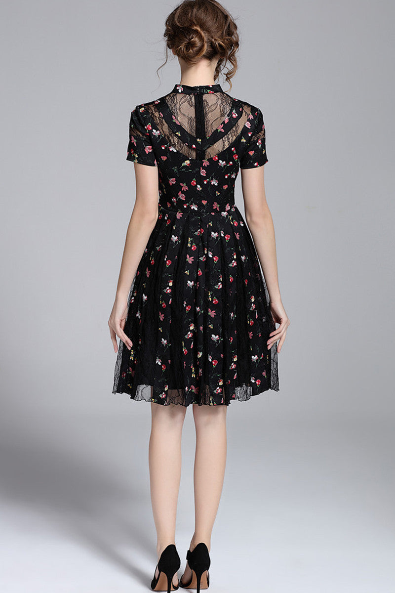 WOMEN'S ELEGANT COCKTAIL PARTY LACE SHORT SLEEVE MIDI DRESS