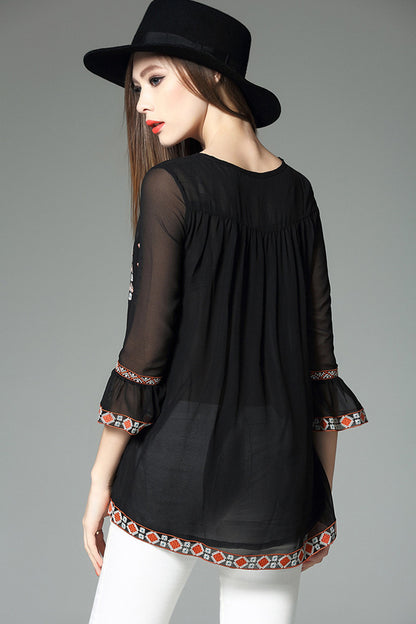 Stripe Emboridered Loose Blouse