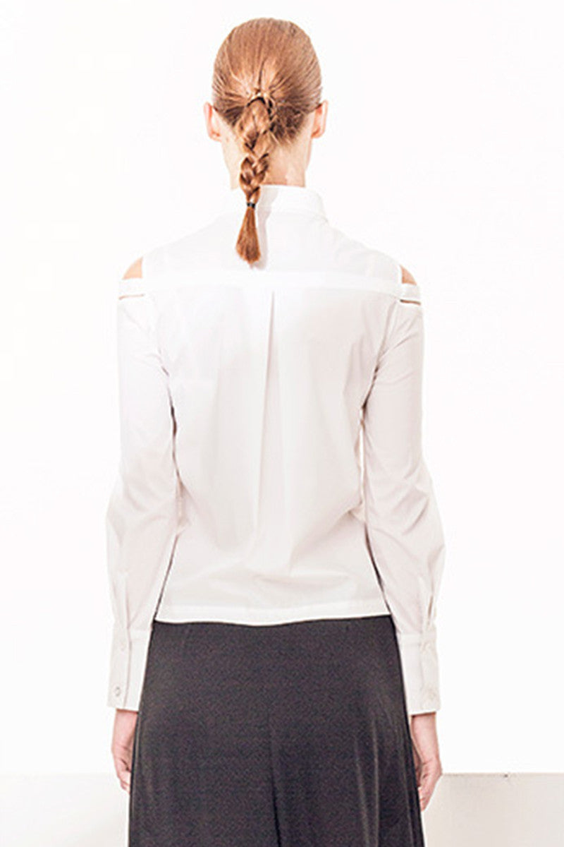 Lapel Neck Cut-Out And Open Shoulder Blouse With Zipper