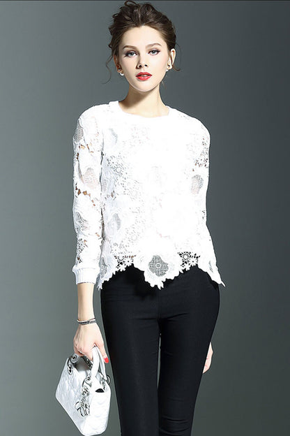 Lace Slim Sheer Long Sleeve Slim Fit Tops - NJOYDRESS - 1