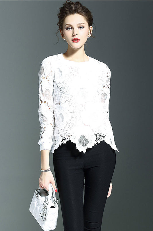 Lace Slim Sheer Long Sleeve Slim Fit Tops - NJOYDRESS - 1