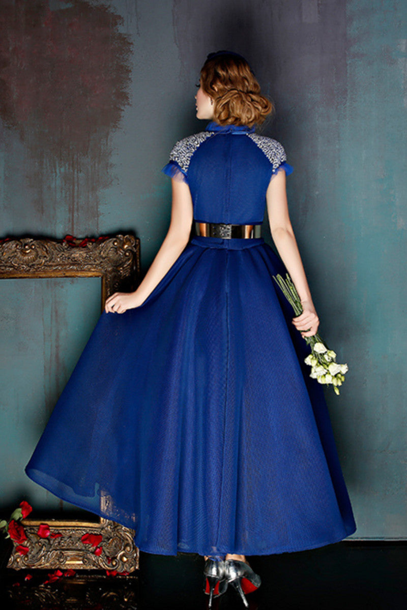 Stand Collar Flare Neck Cap Sleeve Full Dress Grown