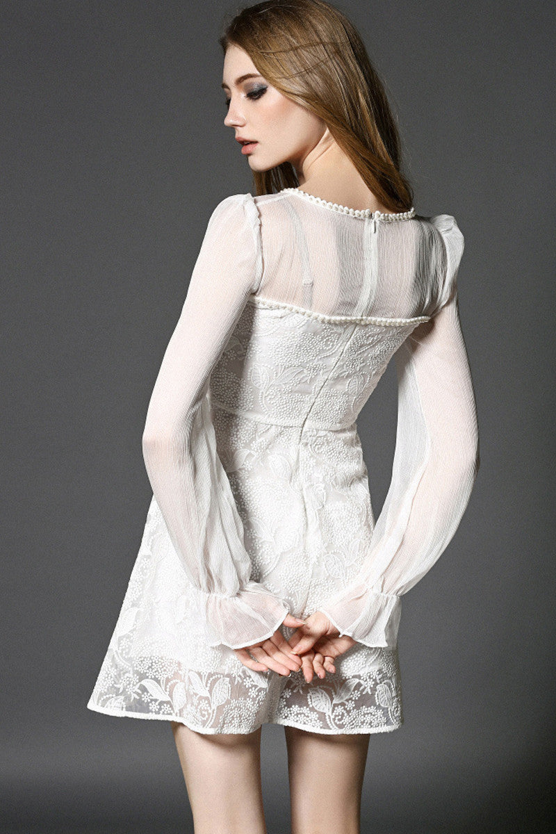 WOMEN'S GRACE ROUND NECK LACE LONG SLEEVE SLIM DRESS