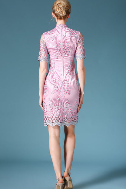 STAND COLLAR SHORT SLEEVE EMBROIDERY BODYCON LACE COCKTAIL DRESS