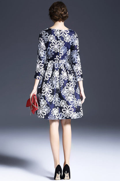 Boat Neck Floral Embroidery Pleated Full Dress