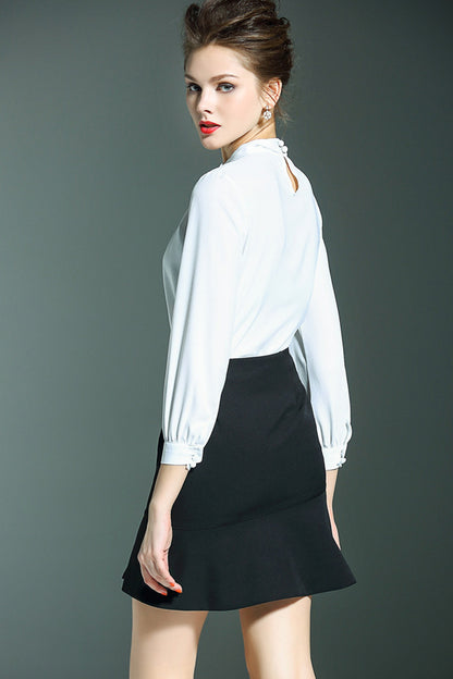 [50% OFF TILL 8 APR] Stand Collar Drop Hollow Out  Chiffon Blouse Top