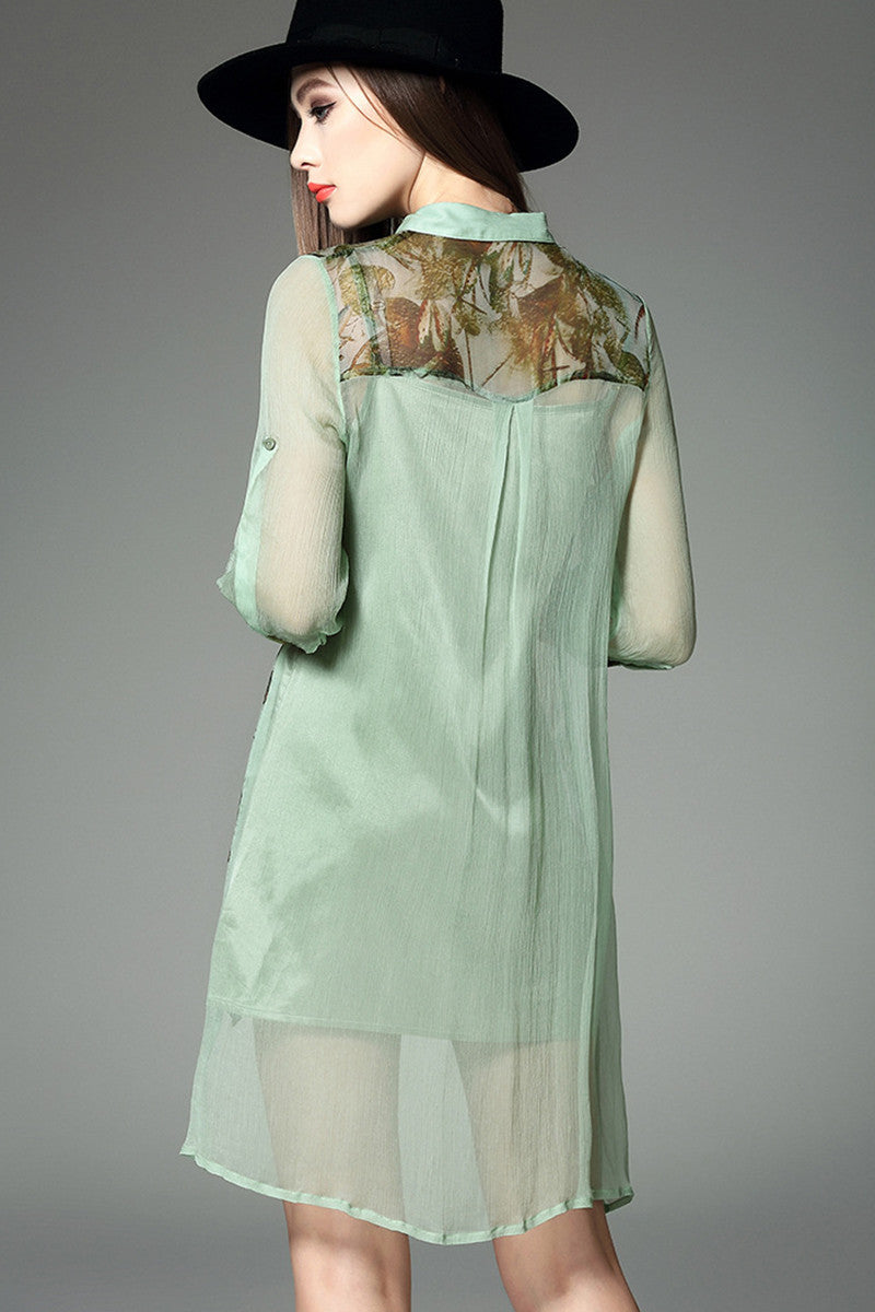 Polo Neck Chiffon Print And Floral Cardigan Long Shirt