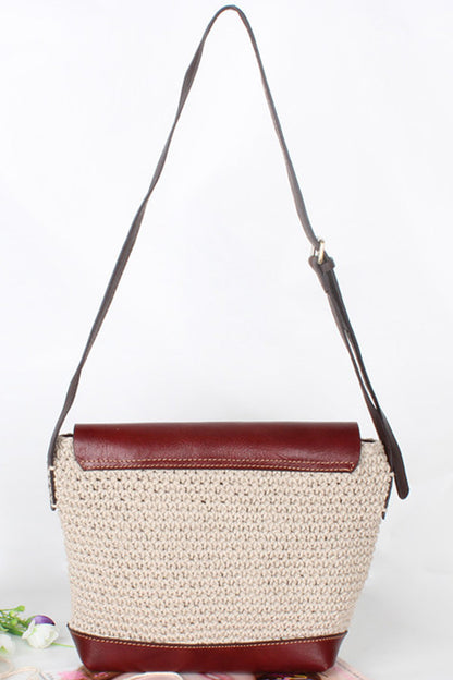 Natural Linen Braided Mixed Leather Satchel Bag