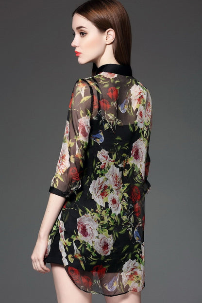 Elegant Flower Printing Casual Polo Neck Shirt