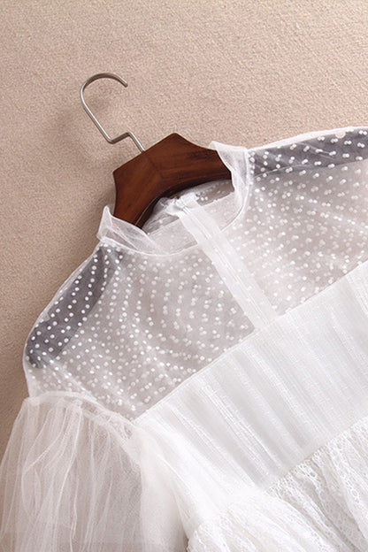 High Neck Shoulder Sheer Mesh Patch Pleat Bridesmaid Dress