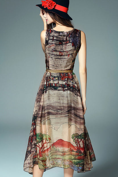 Round Collar Ink Wash Paiting Style Maxi Dress