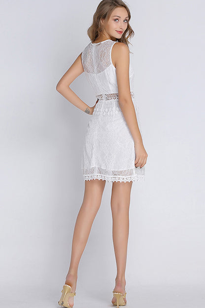 Full White See Through Crochet Lace Waist And Back Short Dress