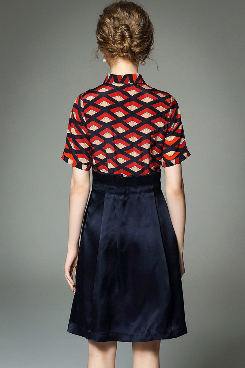 FORMAL SHORT SLEEVE POLO NECK DIAMOND PATTERN DRESS