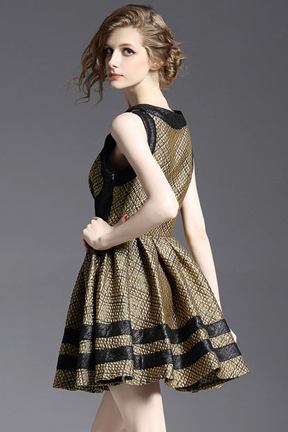 Plaid Deep V Neck Slim Sleeveless Patch Skater Cocktail Dress