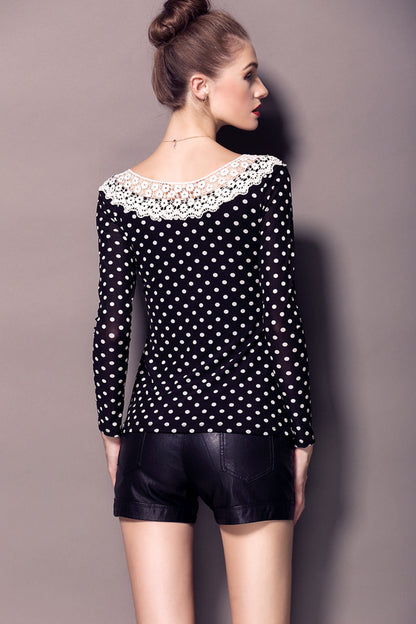 WOMEN'S CASUAL DOT PRINTING BOAT NECK LONG SLEEVE TOP