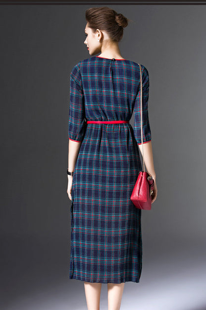 Side Slit Check Midi Dress  with Color Blinding On Neck Round - NJOYDRESS - 3