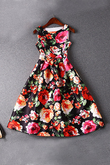 WOMEN'S PRINT AND FLORAL SLEEVELESS BOAT NECK MIDI DRESS