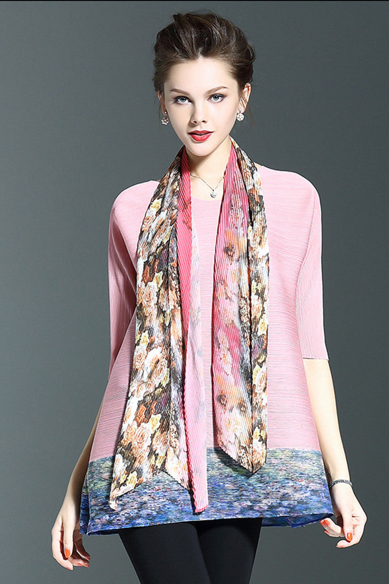 Scoop Neck Abstract Print Fold Loose Dress With Neckerchief