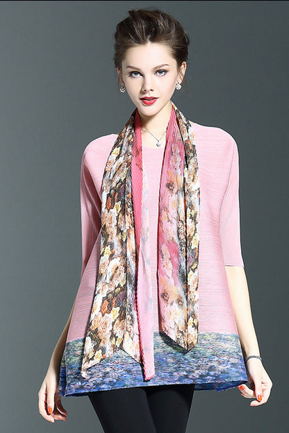 Scoop Neck Abstract Print Fold Loose Dress With Neckerchief