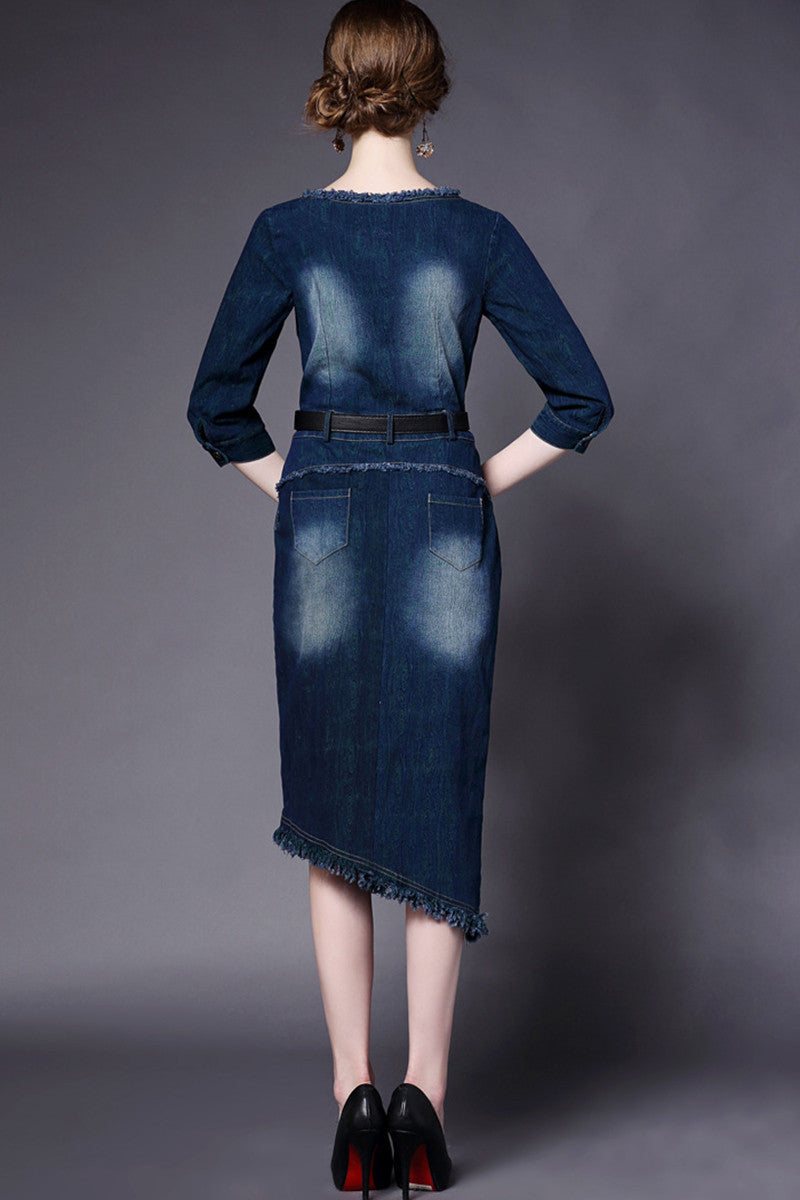 Washed Denim Raw Edge Elegant Dress