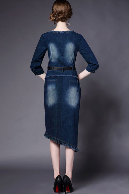Washed Denim Raw Edge Elegant Dress