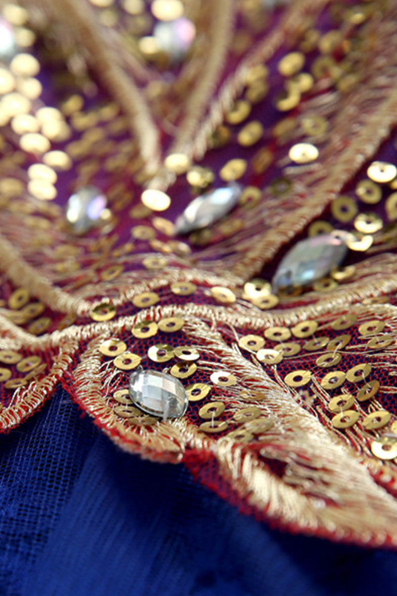 Deep V Neck Sequined Beaded Peacock Grown Dress