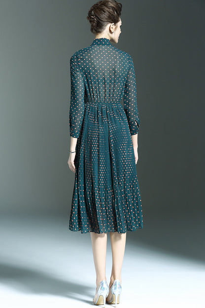 Lacing Neck Dots Print Slim Pleat Flare Midi Chiffon  Dress