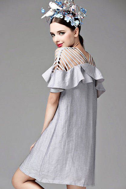 Hollow Out Open Shoudler Ruffle Hem Loose Dress