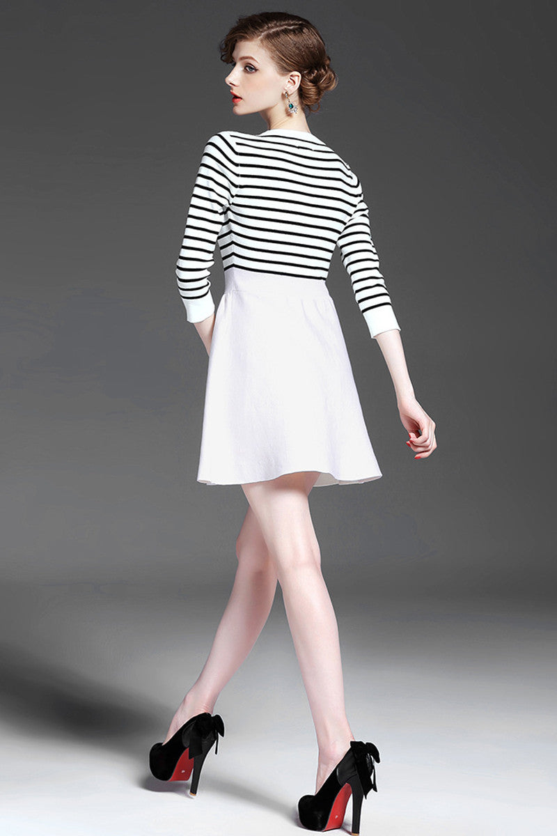 Faux Stripe Top With Solid Flared Skirt Dress