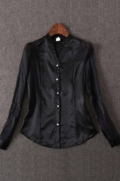 Stand Collar Sheer Mesh Sleeve Single Brested Blouse