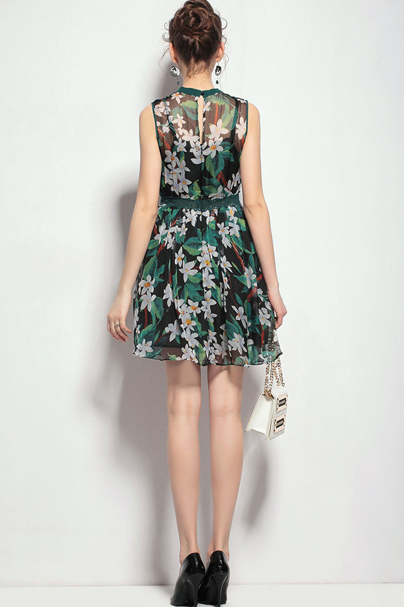 Lace Applique Floral Pattern Tulle Flare Dress
