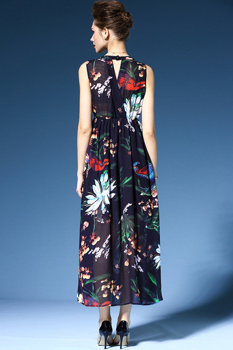 ELEGANT HOLLOW OUT ROUND NECK SLEEVELESS FLOWER PRINTING DRESS