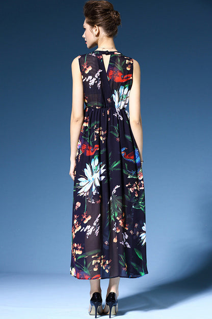 ELEGANT HOLLOW OUT ROUND NECK SLEEVELESS FLOWER PRINTING DRESS