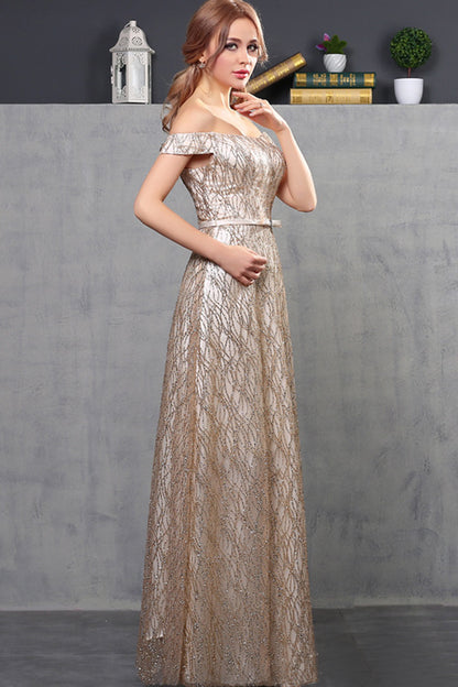 Rose Gold Gliter Off Shoulder Short Sleeve Prom Party Dress