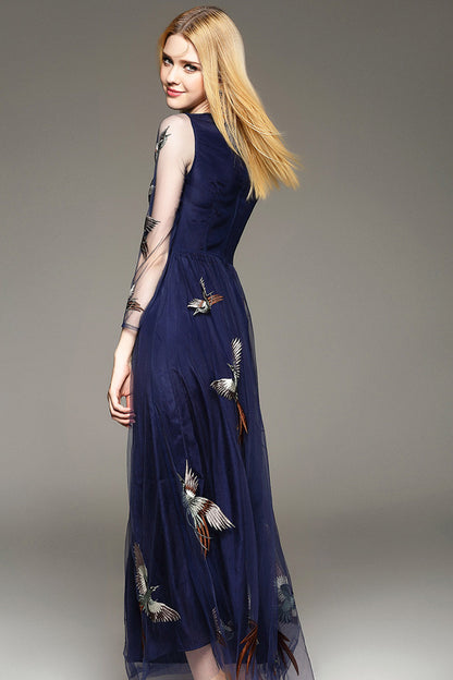 Elegant Long Lace Sleeve Boat Neck Evening Party Dress