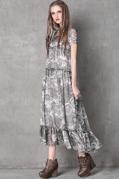 Tiered  Multi  Printed  Cap Sleeve Casual Dress