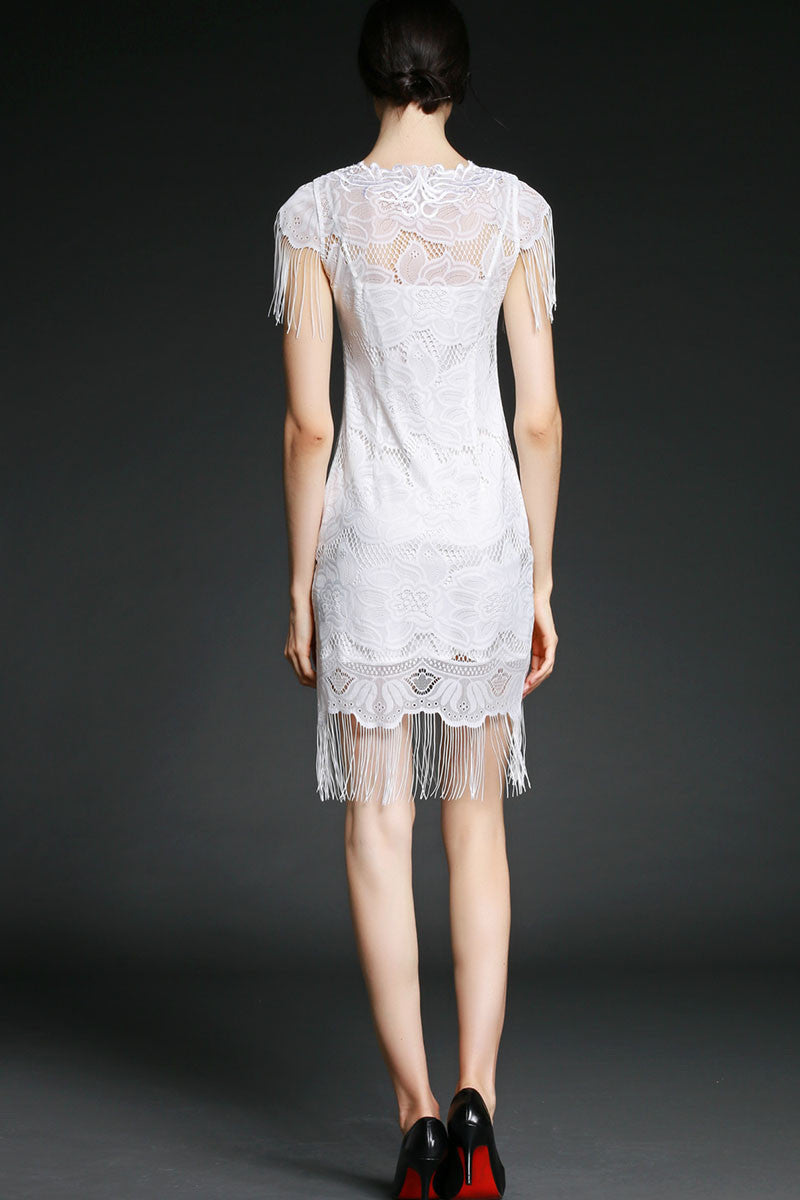 Sheer Crohet Floral Lace Tassel Hemline Slim Dress
