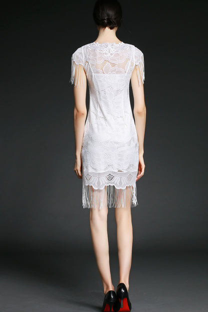 Sheer Crohet Floral Lace Tassel Hemline Slim Dress