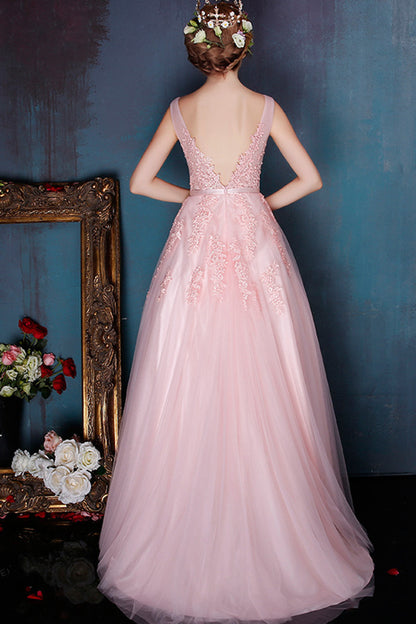 Deep V Neck  Sleeveless Lace Tulle Overlaid Open Back Prom Party Dress