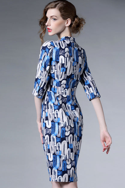 women's casual a-line stand collar 3/4 sleeve print and floral midi dress