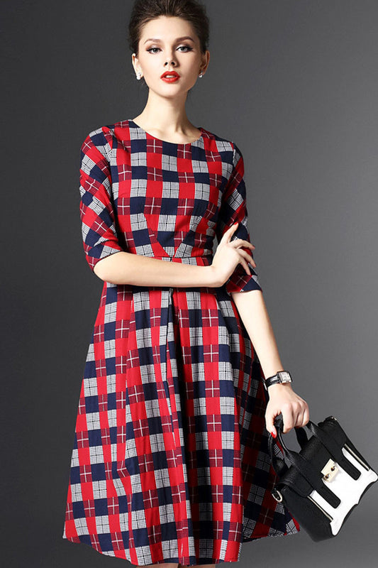 Round Collar Multi Color Plaid  Print Tunic Slim Fitte Flare Dress